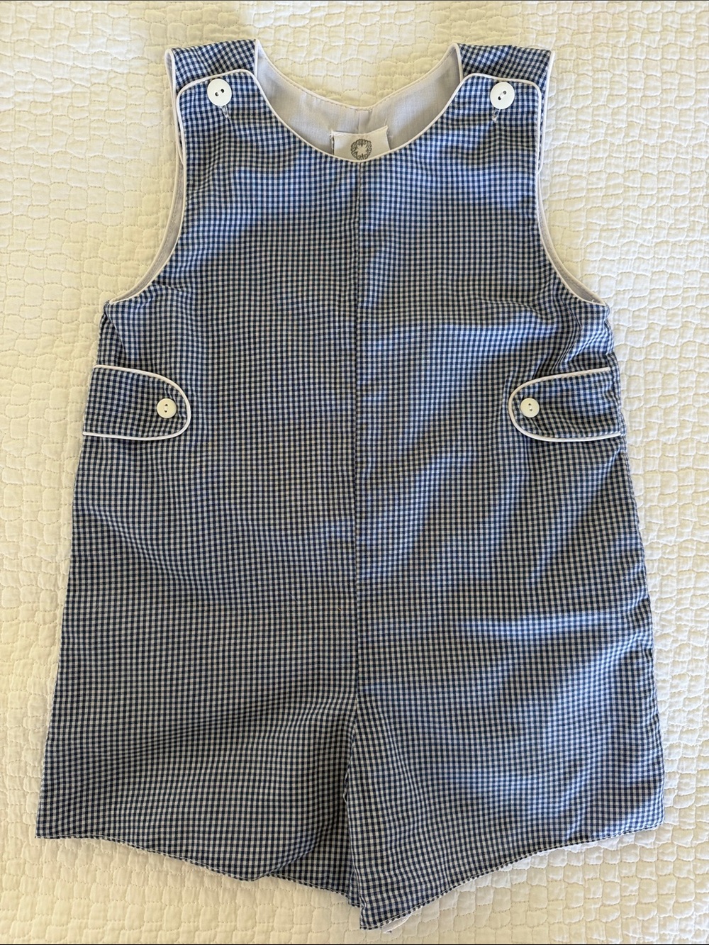 Toddler Blue Gingham Shortall Romper with Button Accents